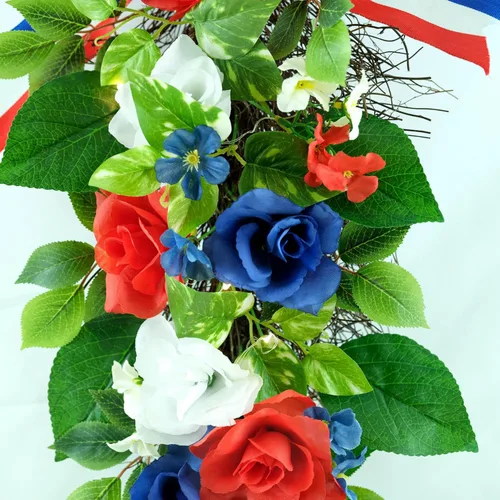 Miniatura 5 de YULETIME Botín decorativo de lágrima de 24 pulgadas, funciona con pilas, guirnalda temática patriótica con luces de hadas, rosas rojas, blancas