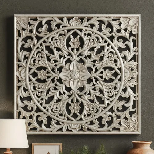 Miniatura 10 de XIAOAIKA Escultura de pared de madera tallada bohemia, intrincado diseño floral de mandala con acabado marrón envejecido, panel de arte de pared