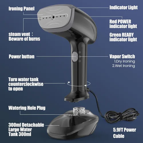 Miniatura 6 de Vaporizador de tela portátil potente - 1800W con placa de calentamiento rápido de cerámica, planchado y removedor de arrugas 2 en 1, boquilla