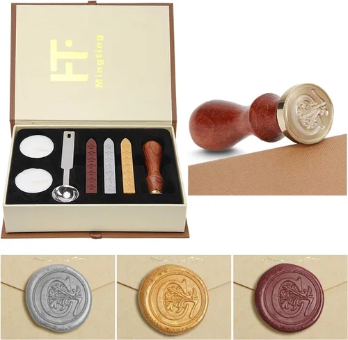 Miniatura 10 de Juego de sellos de cera, Juego clásico de sellos de cera antiguo estilo antiguo con letras iniciales del alfabeto, Caja de regalo con asa de madera