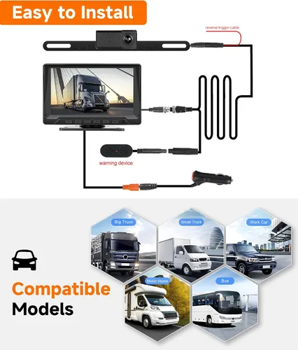 Miniatura 6 de Sistema de cámara de respaldo con cable de 7 pulgadas con rango de radar, visión nocturna IR de 1080P, impermeable IP68, súper gran angular, líneas