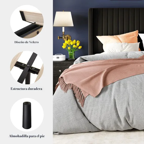 Miniatura 8 de Allewie - Base de cama tamaño King con cabecera acolchada en terciopelo y diseño acanalado vertical; plataforma de cama tapizada; listones de madera