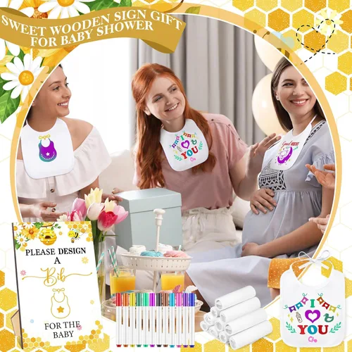 Miniatura 5 de Panitay Kit de decoración de 100 baberos para bebé, 50 baberos blancos, 25 plantillas, 24 marcadores de tela, 1 letrero de juego para baby shower