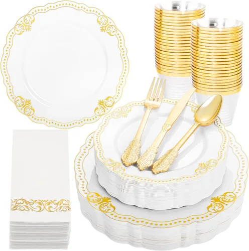 Miniatura 11 de Ciaell 350 platos de plástico rosa, platos desechables de color rosa y dorado, incluyen 50 platos desechables, 150 cubiertos resistentes, 50 tazas
