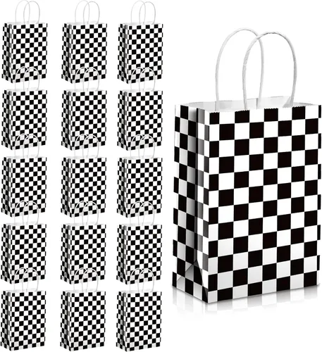 Epakh 16 piezas de bolsas de regalo con estampado a cuadros y bandera de carreras, bolsas de fiesta temáticas para cumpleaños con asas, bolsas de
