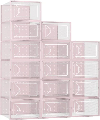 Miniatura 10 de Foluck Caja de almacenamiento de zapatos, paquete de 15 organizadores de zapatos apilables de plástico transparente para armario, diseño entrelazado