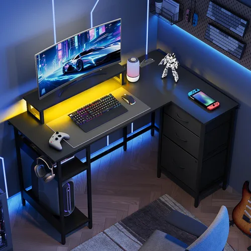 Miniatura 2 de DEVAISE Escritorio para juegos en forma de L de 48 pulgadas con cajones y almacenamiento, escritorio de esquina con luces LED, tomas de corriente