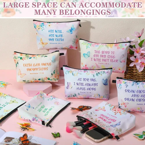 Miniatura 6 de Chunful 12 Piezas Regalos Cristianos Inspiradores Bolsas de Maquillaje Religiosas a Granel para Mujeres Bolsa de Cosméticos con Versículos Bíblicos