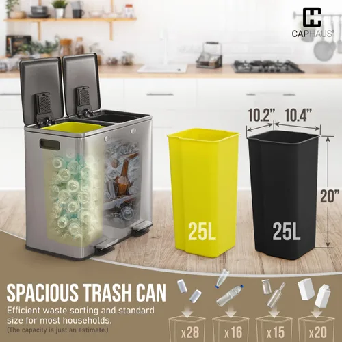 Miniatura 3 de CAPHAUS Cubo de Basura Dual con Tapa Doble, Combo de Cubos de Basura y Reciclaje, Cubo de Basura de Acero Inoxidable Sin Manos para Cocina, con 2