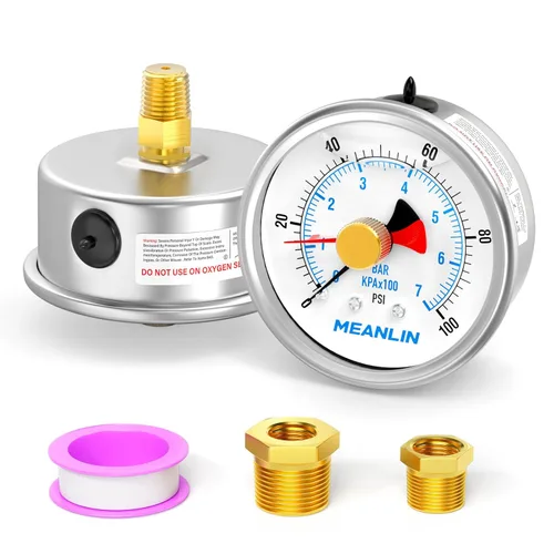 Miniatura 16 de MEANLIN MEASURE 0~100 Psi Manómetro de acero inoxidable con esfera de 2.5 pulgadas con puntero de reinicio, relleno de líquido, WOG para agua
