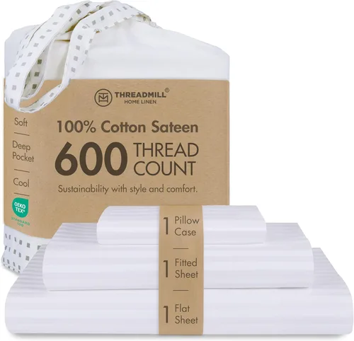 Threadmill Sábanas 100% Algodón para Cama Twin XL - Juego de Sábanas Twin XL de 600 Hilos con Bolsillo Profundo de 15" - Juego de Ropa de Cama de 3