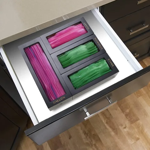 Miniatura 2 de Organizador de bolsas de alimentos de bambú para cajón de cocina, organizador de bolsas, compatible con bolsas de varios tamaños de galón, cuarto