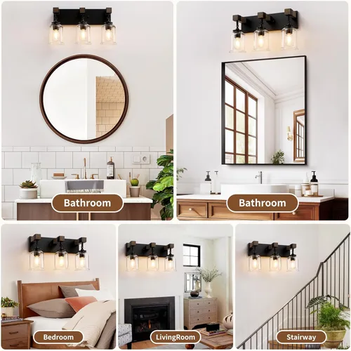Miniatura 7 de VbiTmn Lámparas de Baño Estilo Granja, Lámpara de Tocador de Baño de 3 Luces Negro Mate, Estilo Industrial con Pantallas de Vidrio Transparente