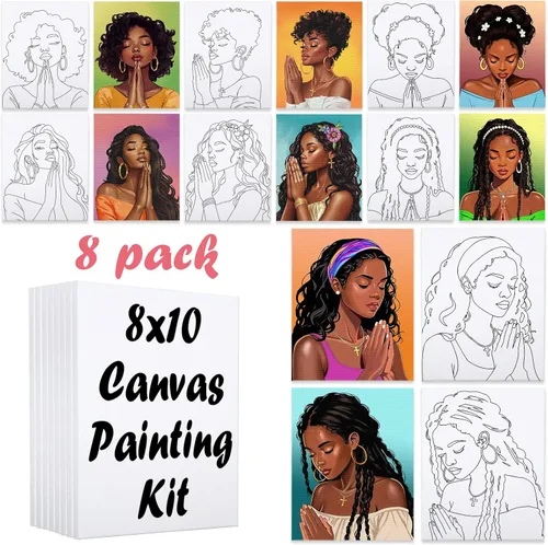 Miniatura 11 de Paquete de 8 lienzos predibujados para pintar para adultos, suministros para fiestas de pintar y beber, juego de pintura en lienzo para artistas