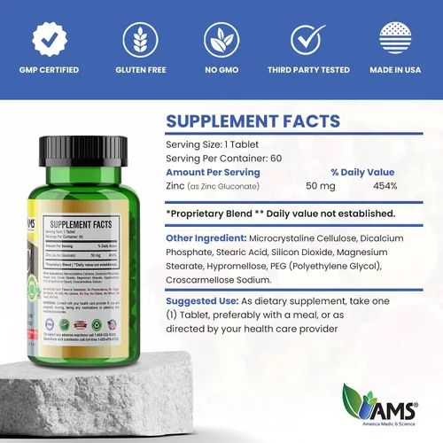 Miniatura 5 de America Medic & Science Suplementos de zinc quelatado de 50 mg (1 paquete de 60 tabletas) refuerzo inmunológico y potentes píldoras antioxidantes
