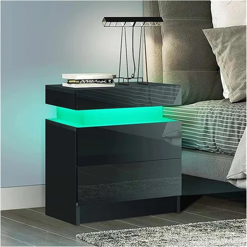 Miniatura 5 de Mesita de noche de alto brillo con luz LED RGB, moderna con 2 cajones laterales, mesita de noche, mueble de dormitorio (negro/blanco) (Color negro)