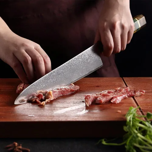 Miniatura 7 de ZZYY - Juego de 9 cuchillos japoneses de acero de Damasco con mango de madera solidificada, cuchillos Nakiri, cuchillo de chef Santoku, cuchillo