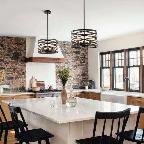 Miniatura 3 de Candelabros de granja para comedor, iluminación colgante de 3 luces para isla de cocina, tambor negro, lámpara rústica para colgar en el techo