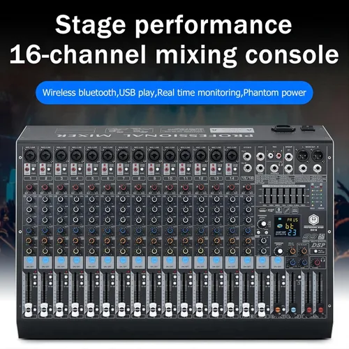 Miniatura 2 de W IN-MIX Mezclador de audio profesional DX16 DJ de 16 canales con 99 efectos DSP, ecualizador de 7 bandas, botón independiente de encendido