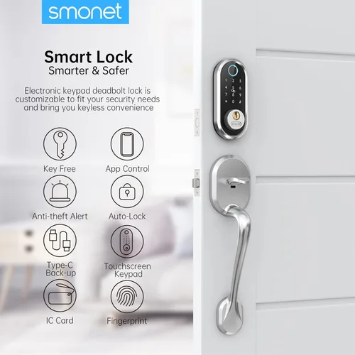 Miniatura 3 de Manija de cerradura de puerta de entrada sin llave: SMONET Smart Front Door Lock Set Alexa Deadbolt Cerraduras con mango Bluetooth Teclado digital