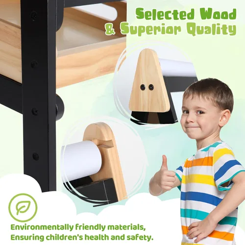 Miniatura 5 de Caballete 3 en 1 para niños pequeños con bandeja de madera, caballete de madera de doble cara con rollo de papel, pizarra magnética y pizarra blanca