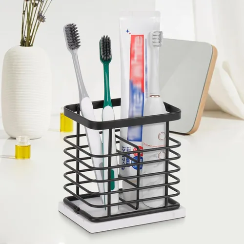 Miniatura 7 de Soporte para cepillos de dientes, lujoso soporte de metal para pasta de dientes con base de mármol para baño, diseño calado de múltiples ranuras