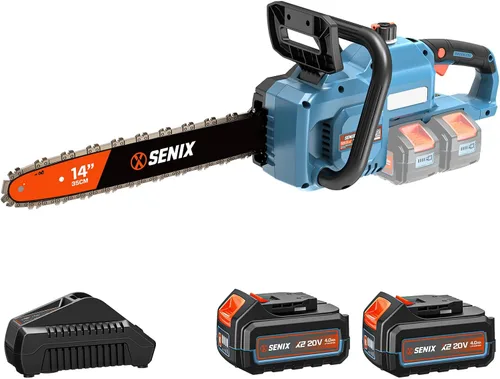 SENIX Motosierra eléctrica de 40 V y 14 pulgadas, motosierra inalámbrica a batería, motosierra sin escobillas, incluye baterías de 2 x 4 Ah y