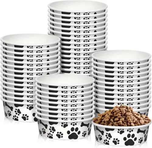 Miniatura 10 de Whaline 50 cuencos desechables para mascotas de 16 onzas, papel kraft para perros y gatos, pequeños cuencos de comida con diseño de huella de pata