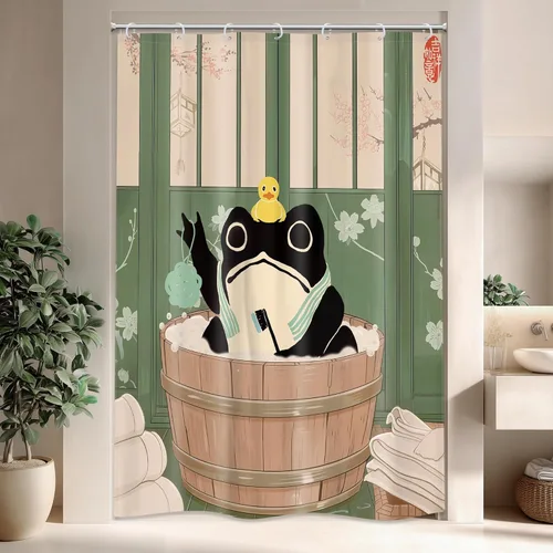 Miniatura 11 de Cortina de Ducha Divertida de Rana Juego de Baño 48 Pulgadas de Ancho x 71 Pulgadas de Alto Lindo Animal Retro Tomando Ducha Patito de Goma