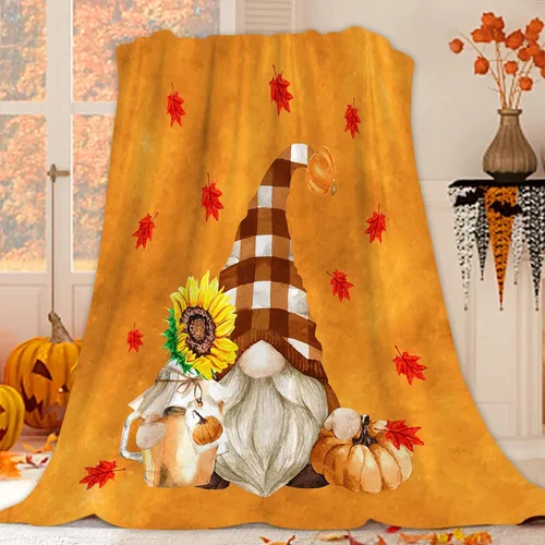 JOOCAR Manta de franela de otoño con diseño de hojas de arce de dibujos animados, gnomo de otoño, naranja, acogedora manta de felpa suave para cama,