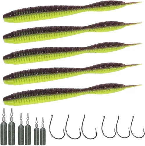 Miniatura 12 de Aparejos de pesca de gusanos de plástico suave para lubina, gusanos de goma de 4 pulgadas, gusanos locos, cebos de cola recta, kit de 22 piezas