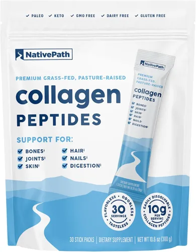 NativePath Paquetes de Bastones de Proteína de Péptidos de Colágeno – Polvo de colágeno hidrolizado tipo 1 y 3 para piel, cabello y uñas, 30