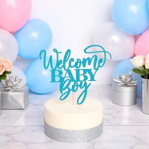 Miniatura 3 de Kaoenla Decoración para pastel de bienvenida de bebé niño con purpurina azul, decoración de fiesta de revelación de género para recién nacidos
