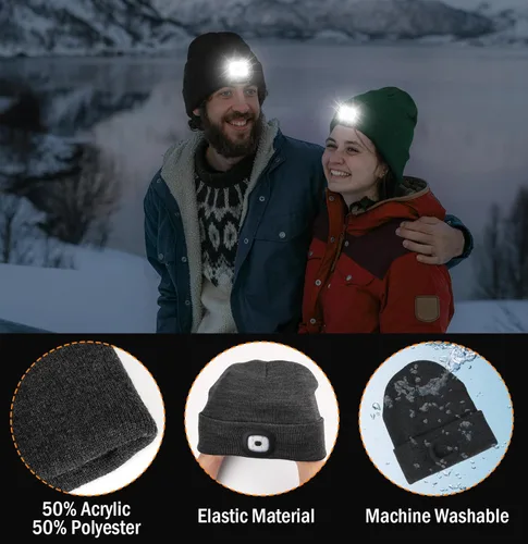 Miniatura 5 de Gorro LED unisex, linterna de invierno recargable por USB, gorro de Navidad con luz para hombres camuflaje/verde militar