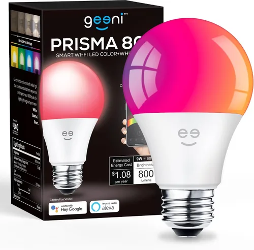 Geeni Prisma - Paquete de 1 bombilla inteligente LED RGBW que cambia de color, A19, 800 lúmenes, equivalente a 60 W, regulable, 2700 K, funciona con