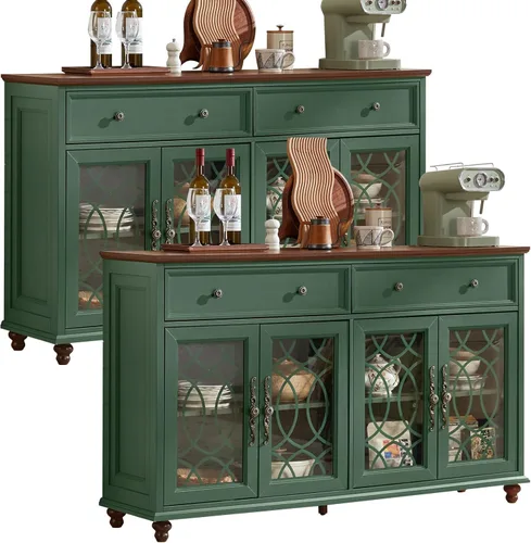 Miniatura 16 de Joaxswe Aparador de estilo rústico con almacenamiento, credenza grande de 59 pulgadas con 4 puertas de vidrio y 2 cajones, estantes ajustables, mesa