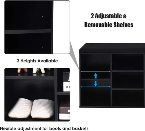 Miniatura 4 de KOTEK Banco de zapatos de madera con cojín, zapatero de 10 cubos con estantes ajustables, organizador de almacenamiento de zapatos para sala