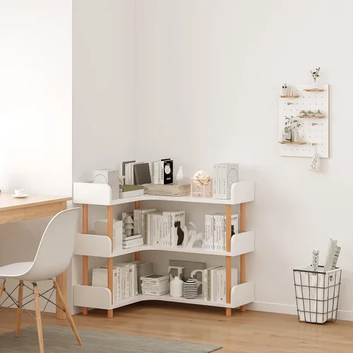 Miniatura 6 de OSCHF Estantería esquinera reversible de madera, moderna estantería en forma de L de 3 niveles con marco de madera maciza y protección de bordes
