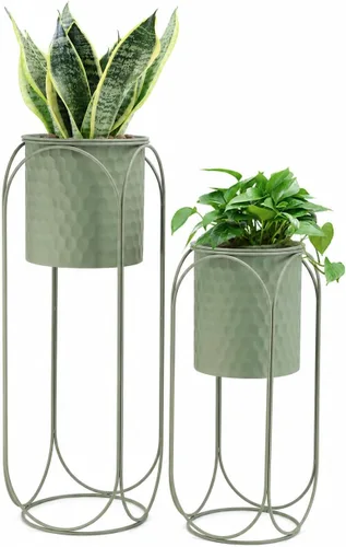 Miniatura 12 de TRIROCKS Juego de 2 macetas grandes de metal con soporte para plantas de interior de 28 y 18 pulgadas de alto para sala de estar, esquina, cocina