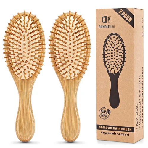 Miniatura 9 de Paquete de 2 cepillos de pelo con cerdas naturales, masajes cuero cabelludo antiestático desenredar el cabello para todo tipo, ligero (MINI)