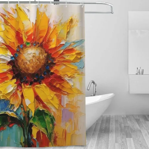 Miniatura 2 de YLATY2220 - Cortina de ducha de girasol para baño, pintura al óleo, hojas verdes, flores, bohemio, tela amarilla abstracta, moderna, impermeable