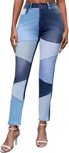 Miniatura 2 de vanberfia - Pantalones elásticos de cintura media para mujer, diseño retazos de mezclilla