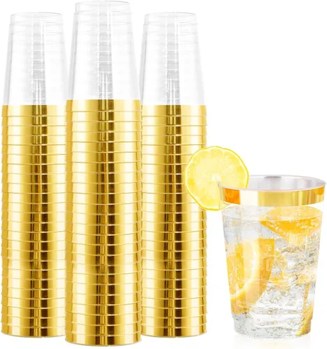 Ciaell 120 vasos de plástico dorados – Vaso de plástico resistente de 12 onzas – Vasos desechables con borde dorado – Copa de borde dorado de alta