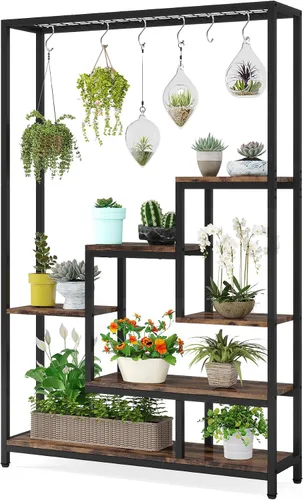 Miniatura 9 de Tribesigns Soporte alto para plantas de interior de 5 niveles, estante grande de metal para plantas de 70.9 pulgadas con 6 ganchos colgantes en S