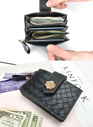 Miniatura 3 de Cartera con llavero de pulsera, cartera de cuero con correa de pulsera, bolsillo delgado RFID para tarjetas de crédito con cordón, Negro -, Plegable