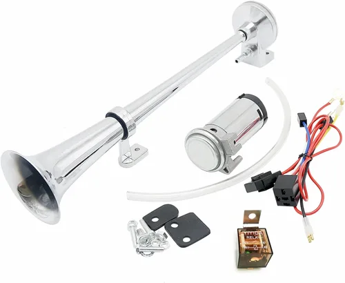 Miniatura 11 de Bocina de aire de 12 V 150 DB Bocina de coche 17.7 in Altavoz de coche Negro Cromo Zinc Trompeta simple Bocina súper fuerte con bomba de aire Bocina