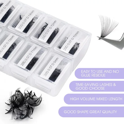Miniatura 5 de Extensiones de pestañas postizas prefabricadas en abanico de WENDY LASHES, 1200 piezas, con volumen, rizado D, raíces cortas, base puntiaguda, 20D