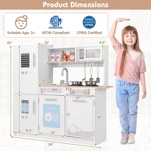 Miniatura 5 de Costzon Juego de cocina para niños, juego de cocina de juguete de madera con pizarra, grifo, fregadero, horno, microondas, lavavajillas, accesorios