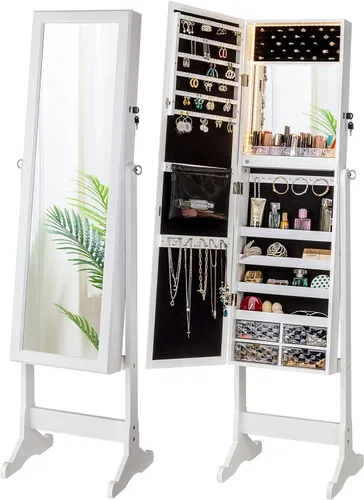 LUXFURNI Armario de joyería con luz LED, espejo de pie, organizador de almacenamiento grande con cerradura y cajones (blanco)
