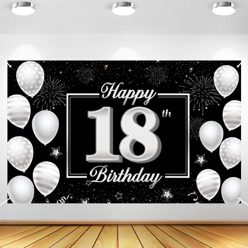 Cartel de fondo de cumpleaños número 18, decoración de fiesta plateada y negra para niños y niñas, fondo de cabina de fotos